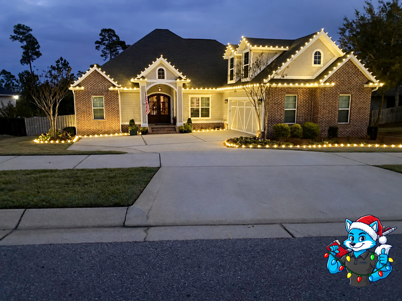 Brick home with warm white Christmas roofline and landscape lights