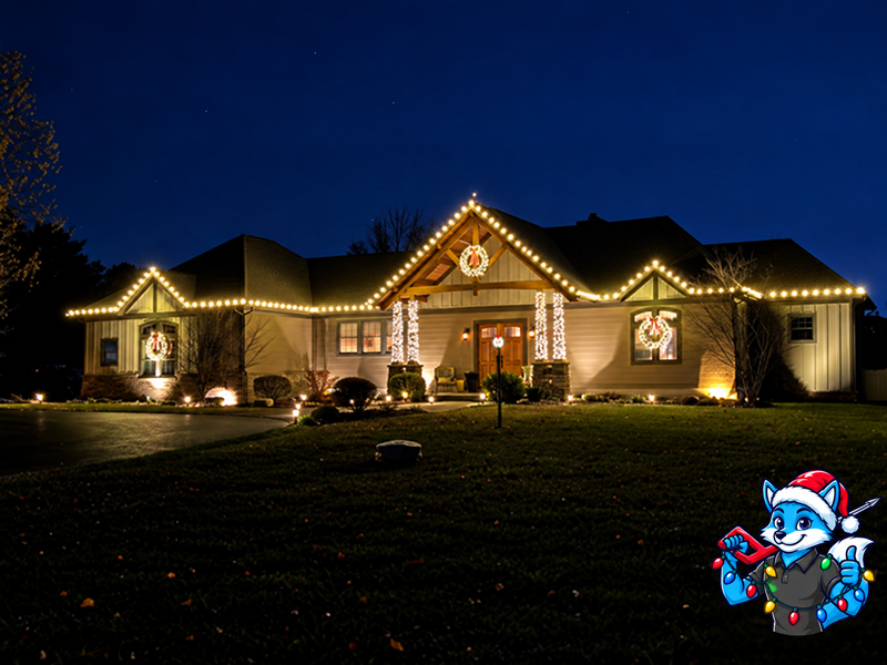 Single-story home with illuminated rooflines, columns and wreaths